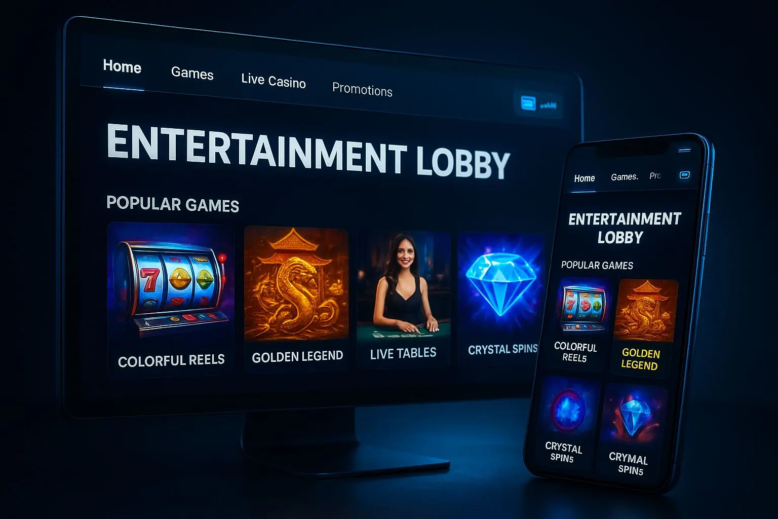 Interface do 22Bet em desktop e telemóvel com destaque para jogos e carteira eletrónica