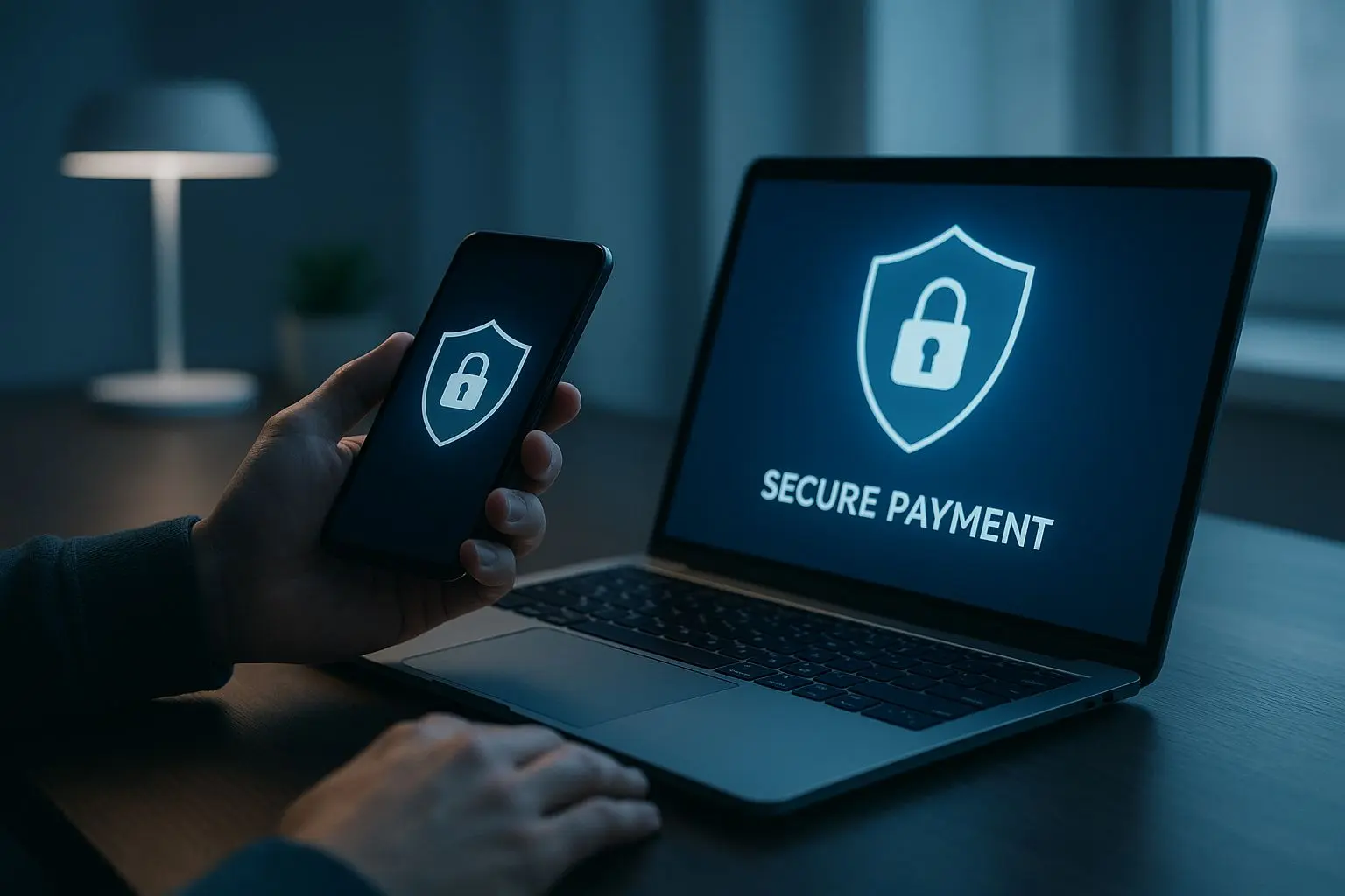 Utilizador com smartphone e portátil sob ícones de segurança digital