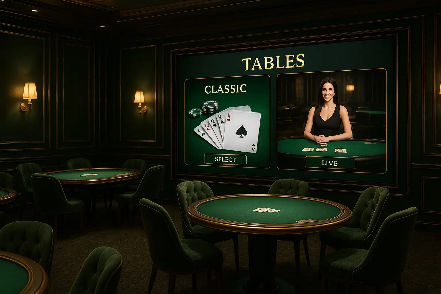 Lobby online com várias mesas de baccarat clássico e ao vivo