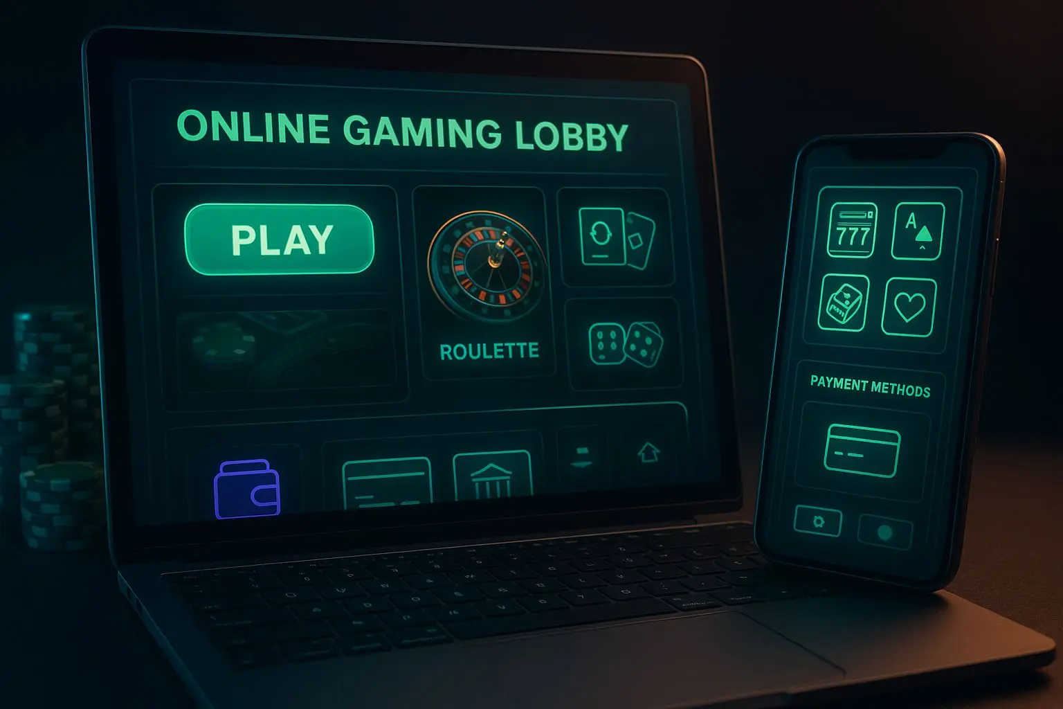Lobby online com destaque para métodos de pagamento e carteira digital estilo Skrill