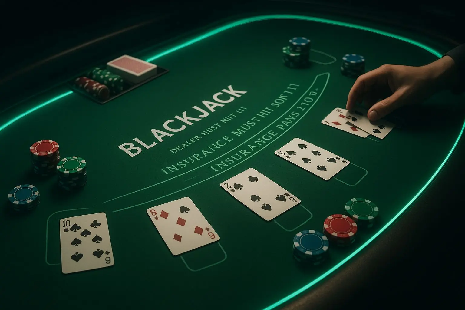 Mesa digital de blackjack com várias mãos e fichas