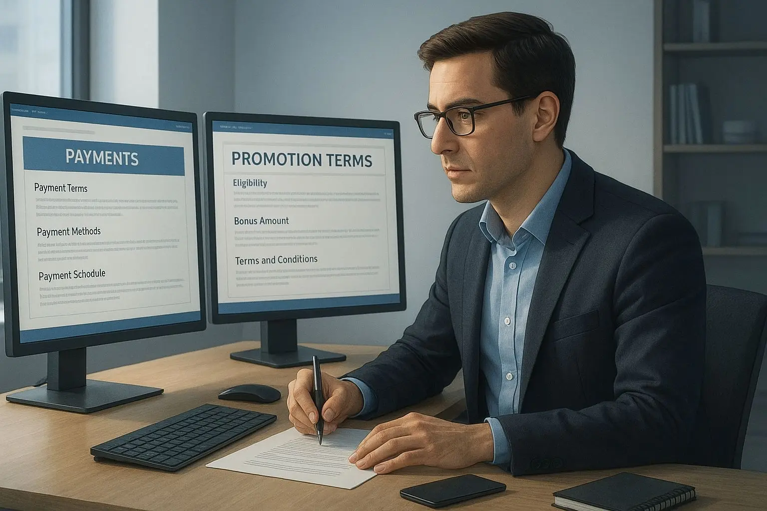 Ilustração de analista a rever termos de promoções e métodos de pagamento digitais