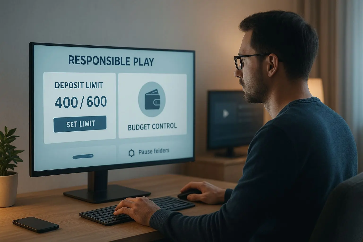 Utilizador a controlar limites e saldo numa interface digital com foco em jogo responsável