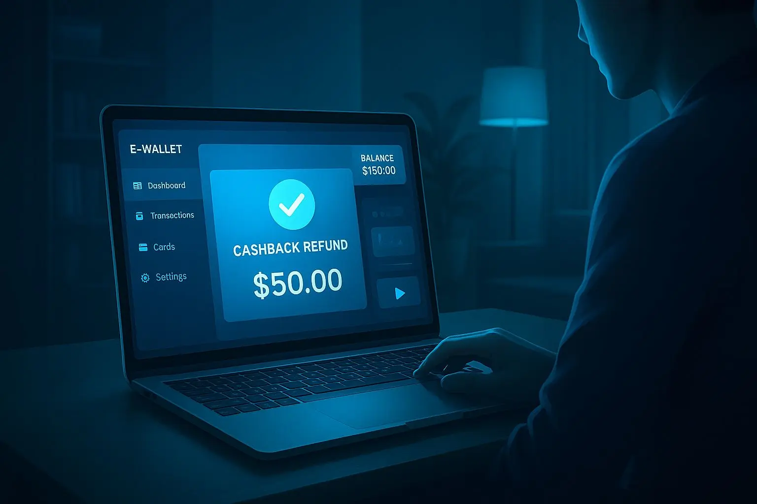 Utilizador a receber cashback no saldo através de carteira eletrónica