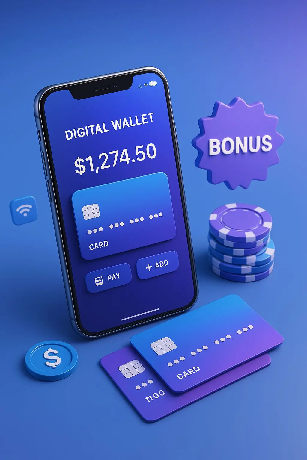 Carteira digital no telemóvel com símbolo de bónus e fichas