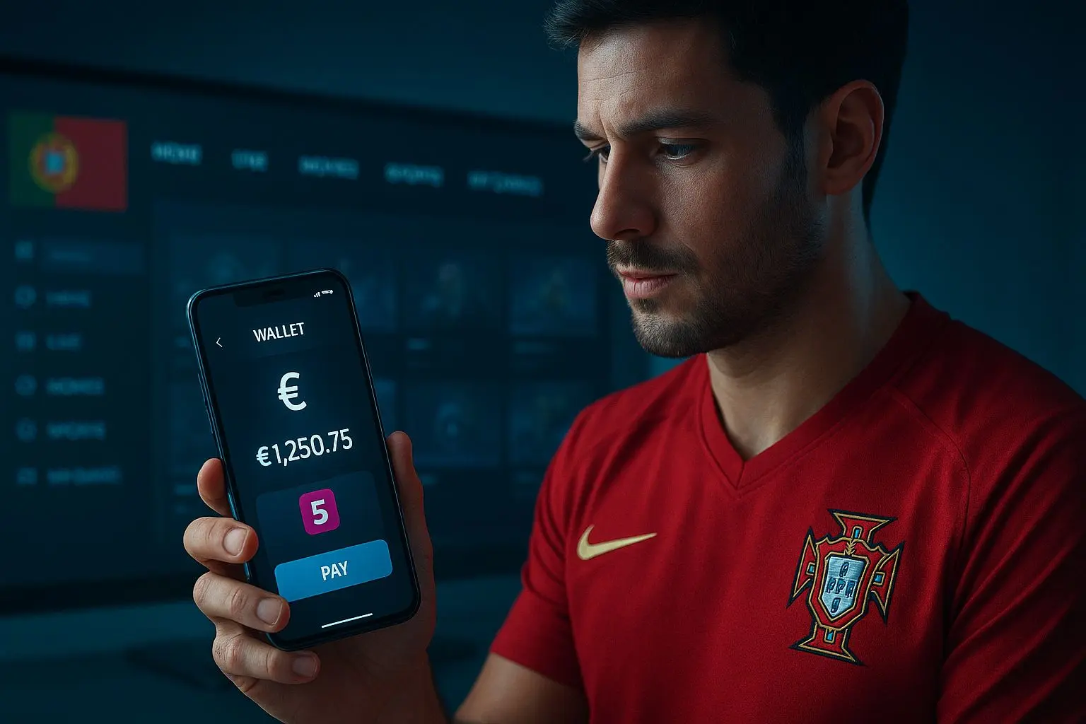 Jogador em Portugal a usar carteira digital no telemóvel para saldo em euros