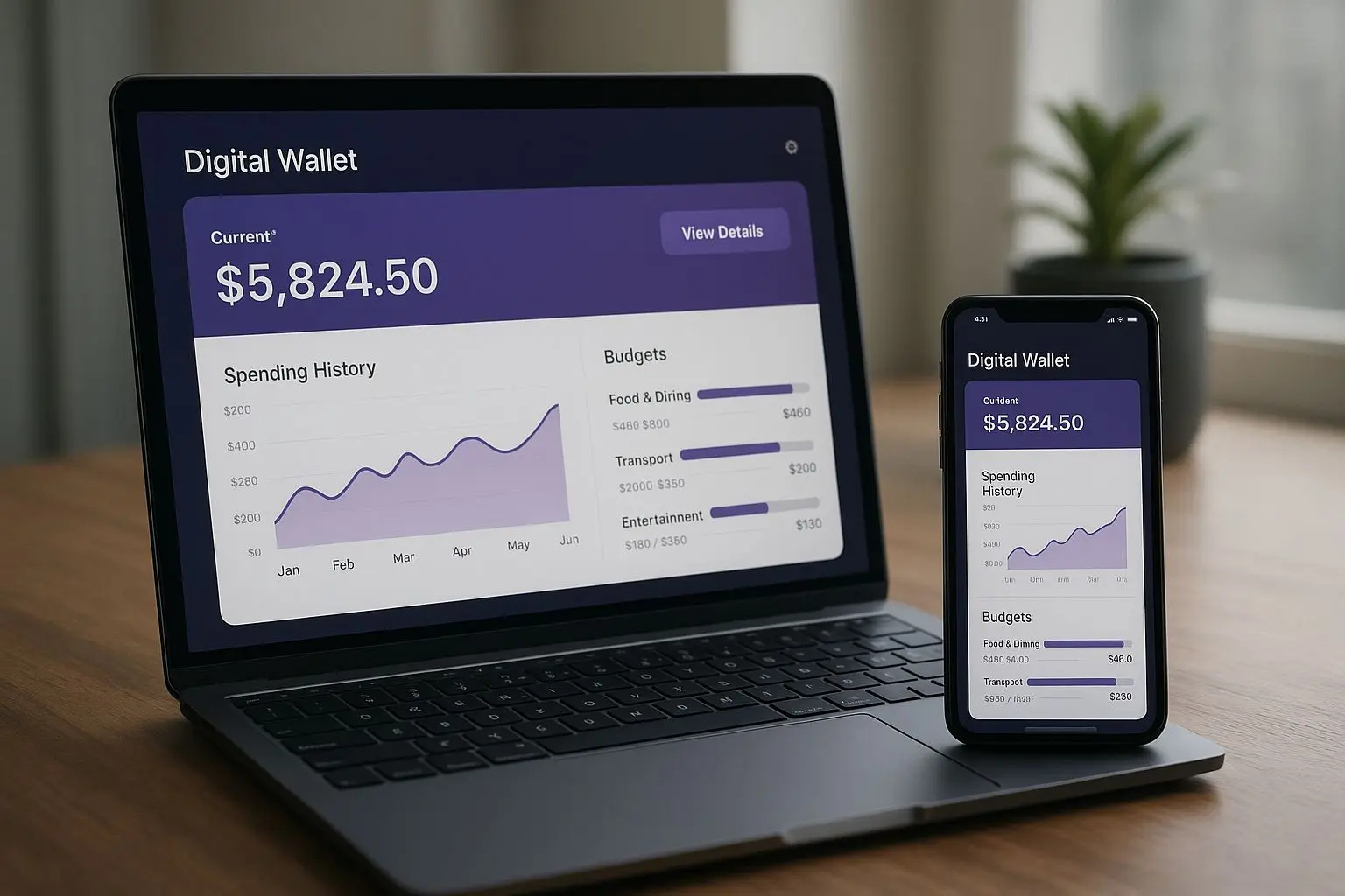 Interface de carteira digital com histórico de gastos e controlo de saldo