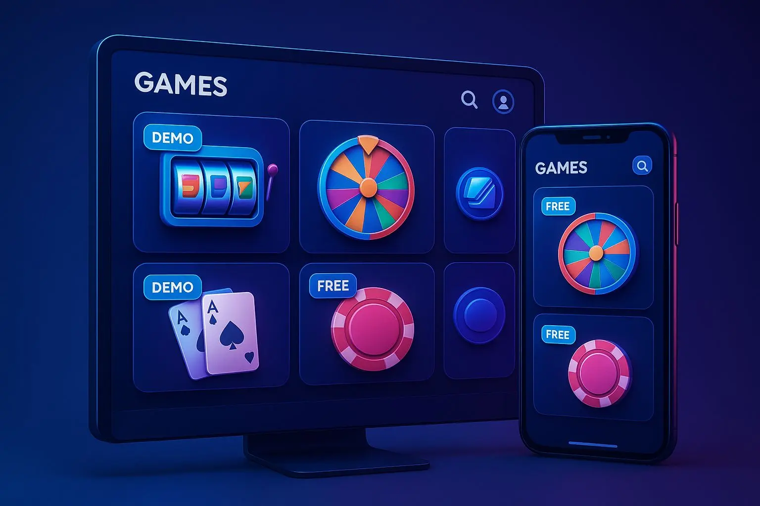 Lobby digital com jogos marcados como grátis e demo em ecrã de computador e telemóvel