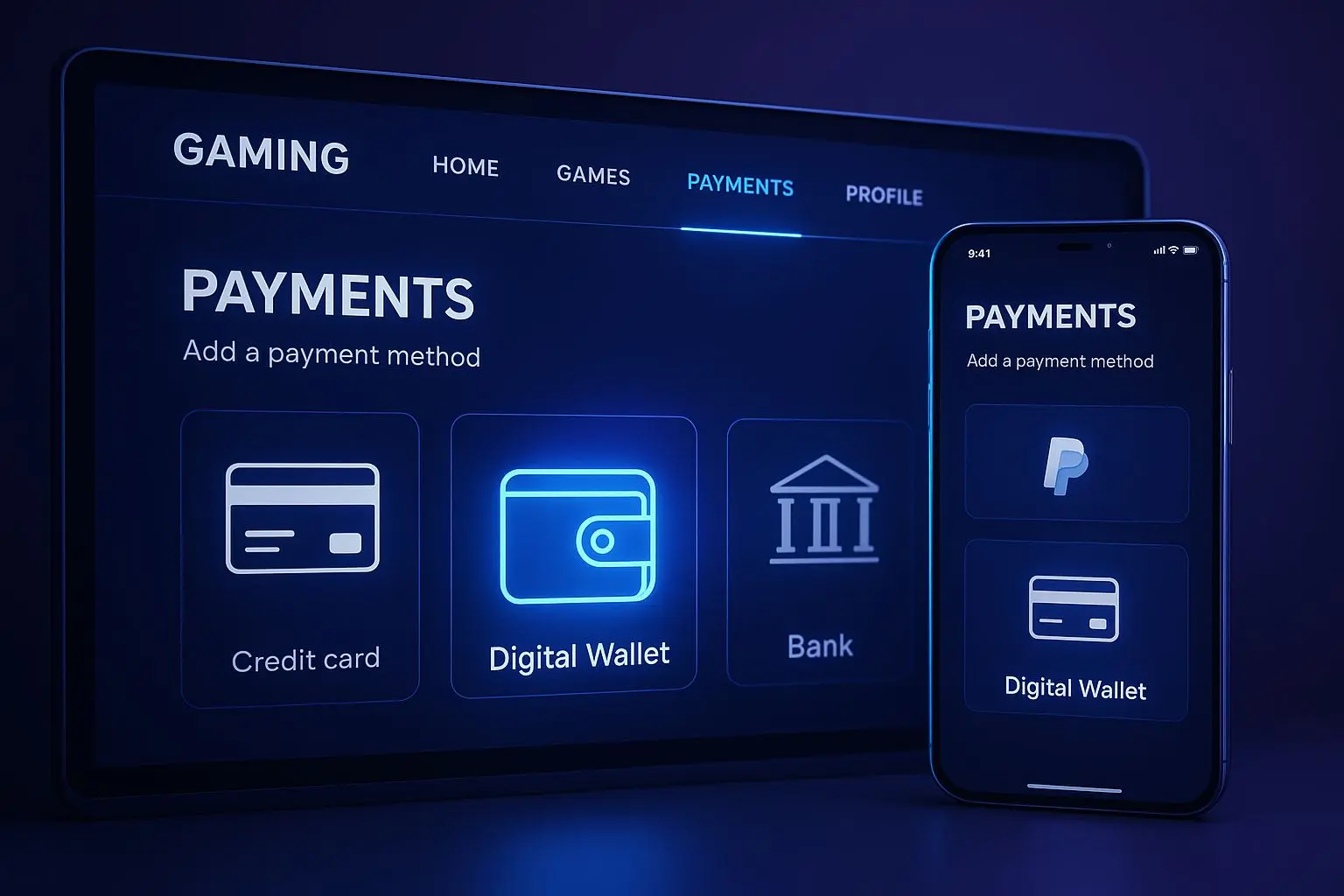 Interface de desktop e mobile com carteira digital na área de pagamentos