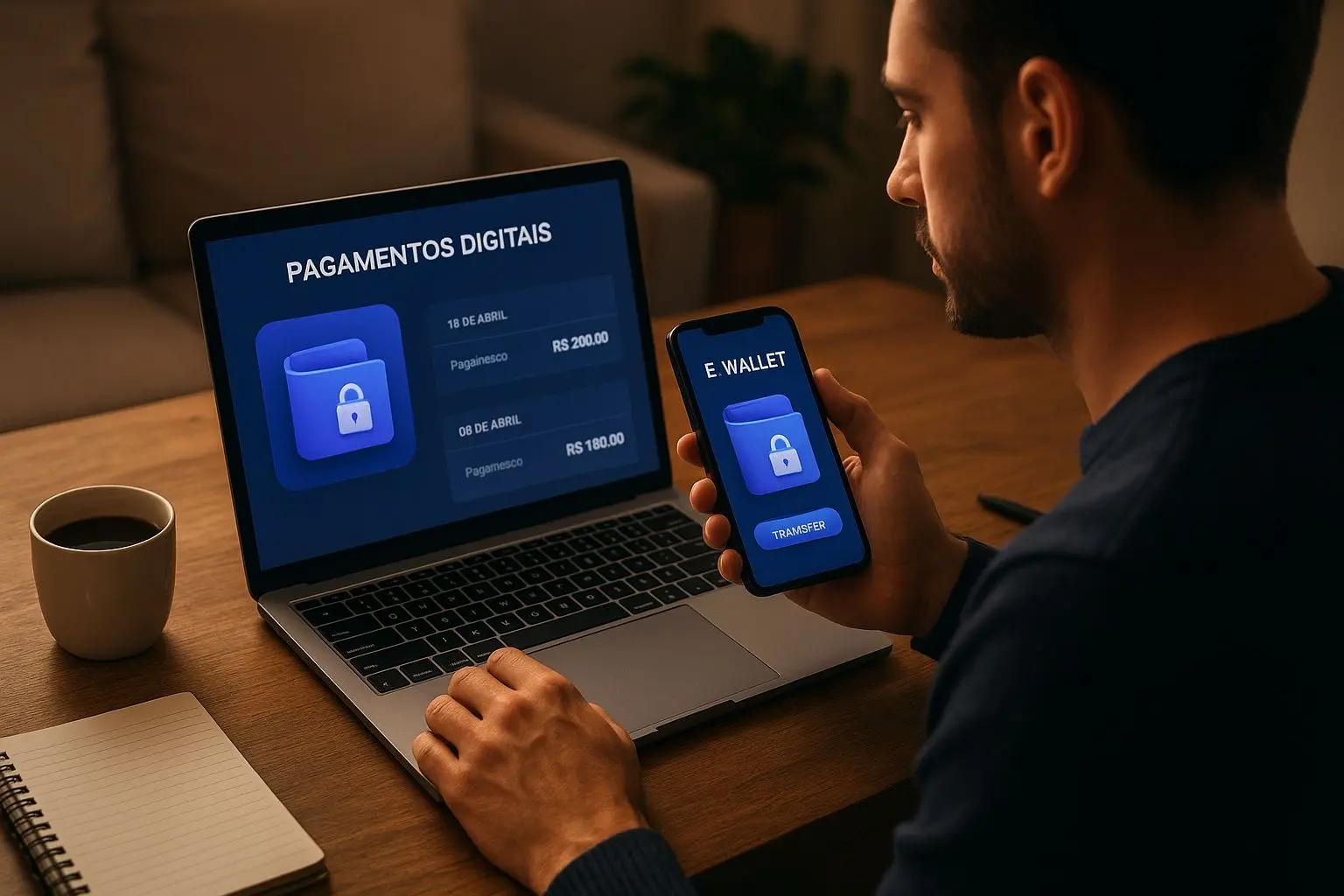 Utilizador a gerir pagamentos online com carteira eletrónica num portátil e telemóvel