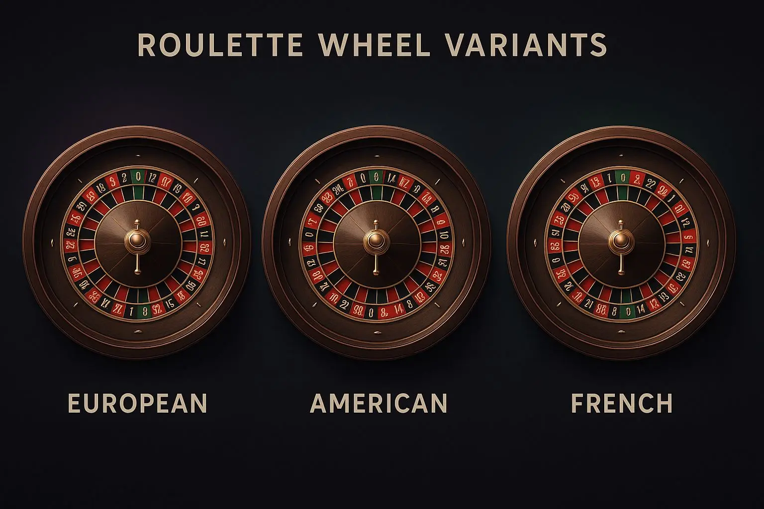 Comparação visual entre roleta europeia, americana e francesa