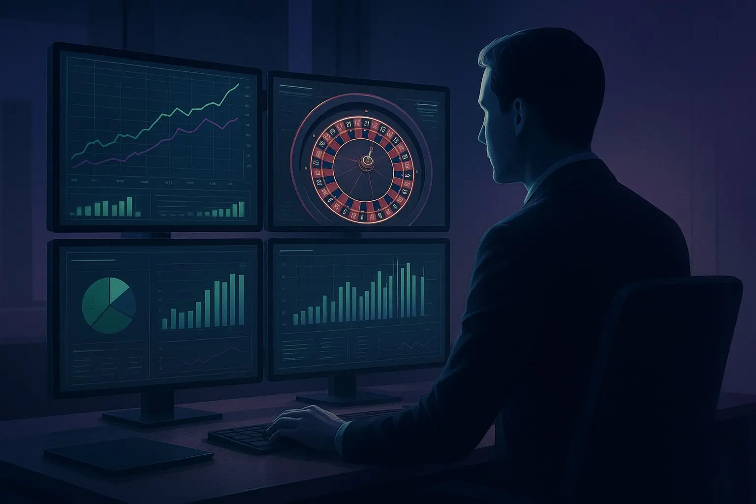 Ilustração de especialista em iGaming a analisar gráficos e roleta