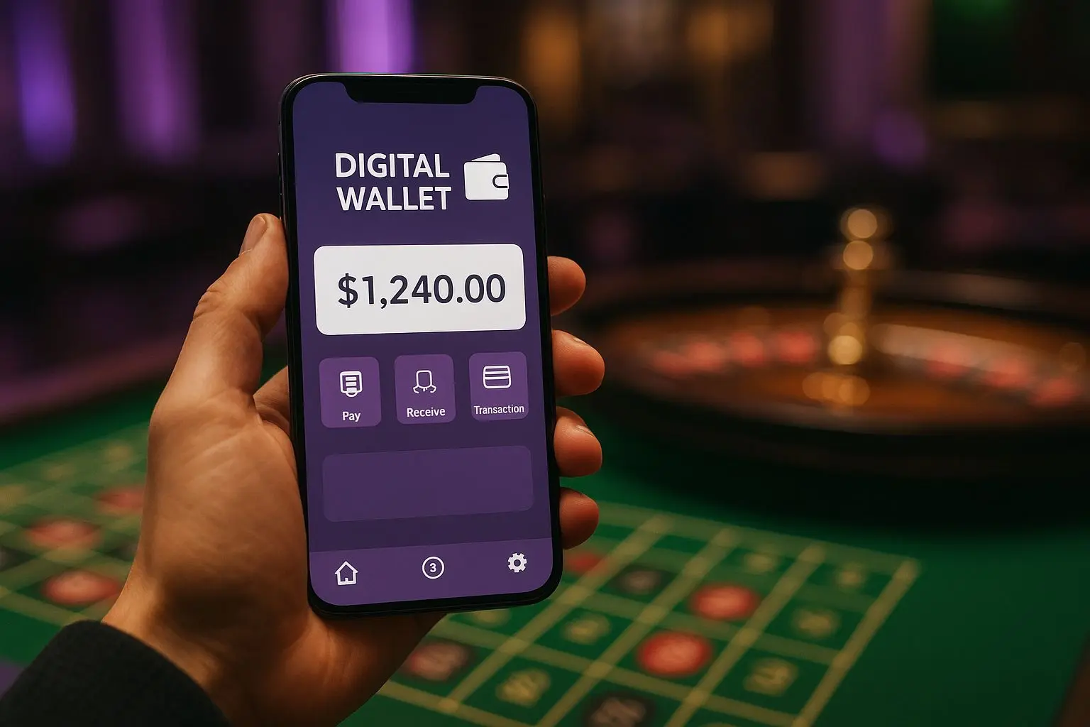 Telemóvel com carteira digital e mesa de roleta ao fundo