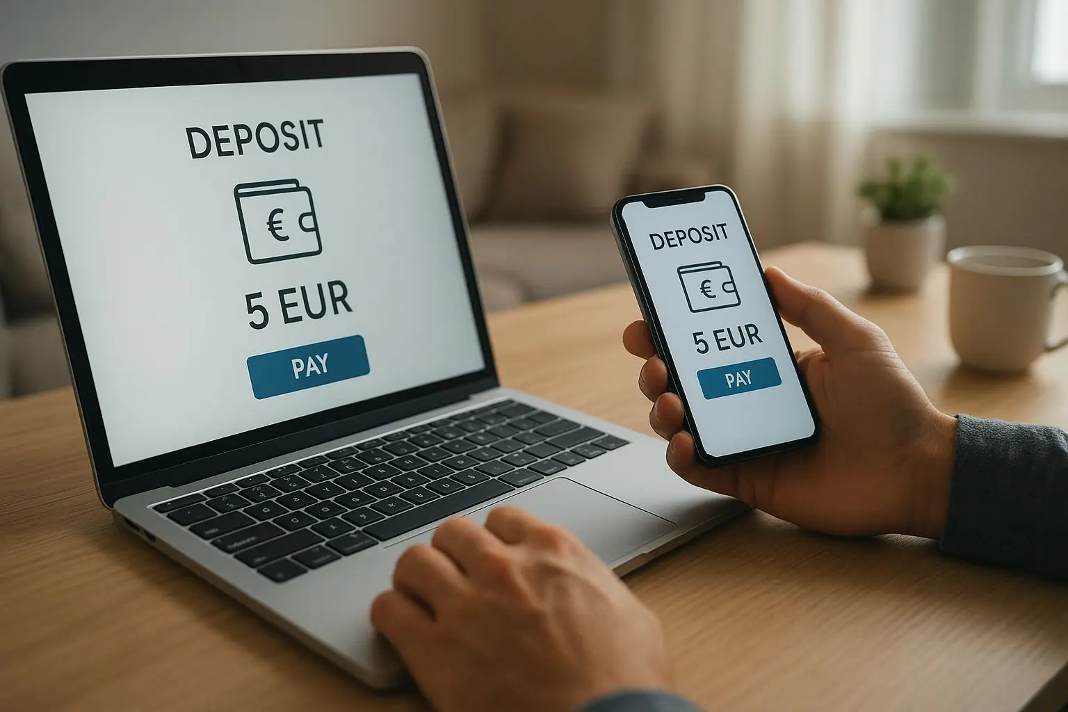 Utilizador a fazer um depósito de 5 euros com carteira digital num dispositivo