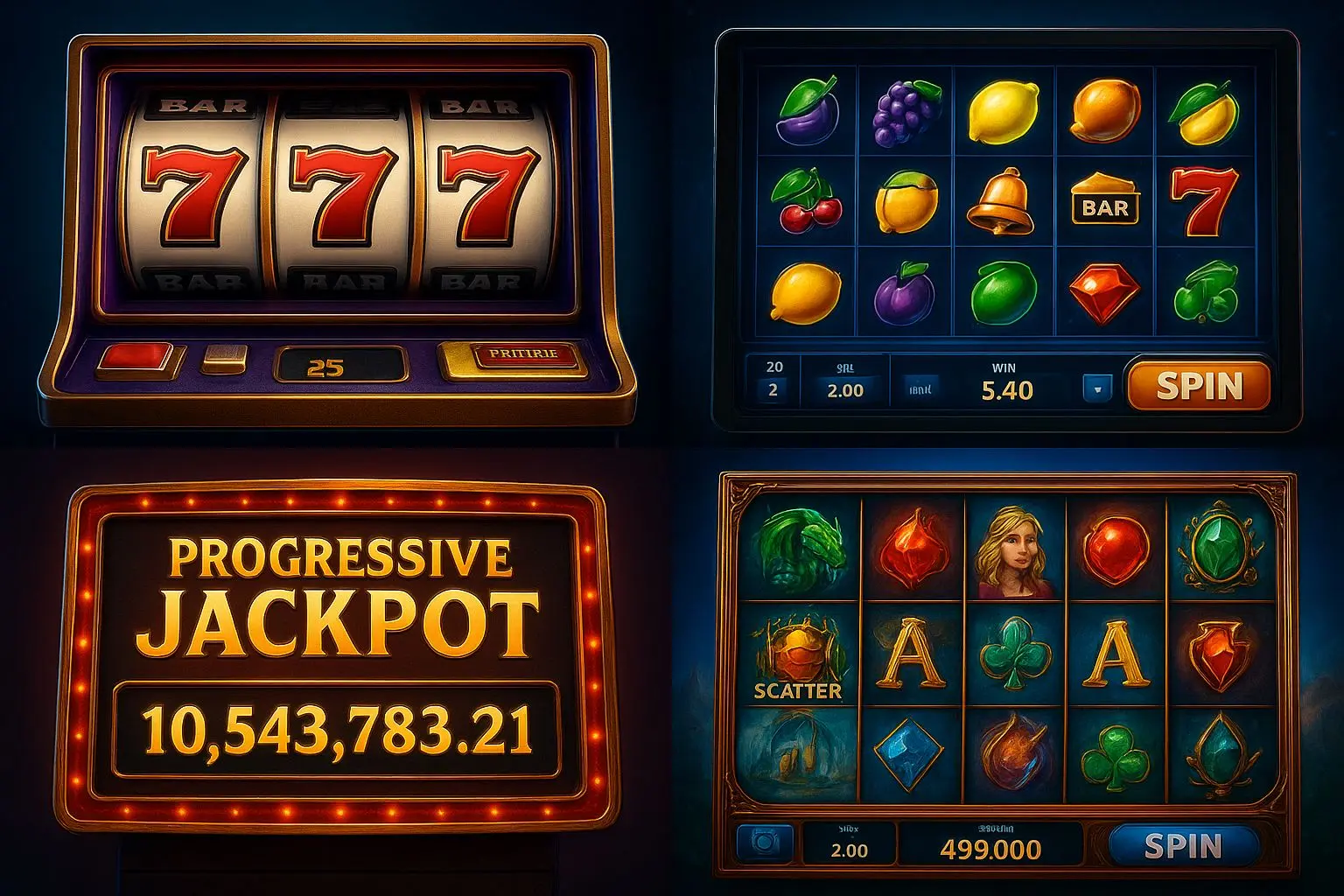 Diferentes tipos de slots online em vários estilos visuais